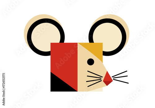Geometric mouse head with round ears square head red and yellow colors whiskers and black details