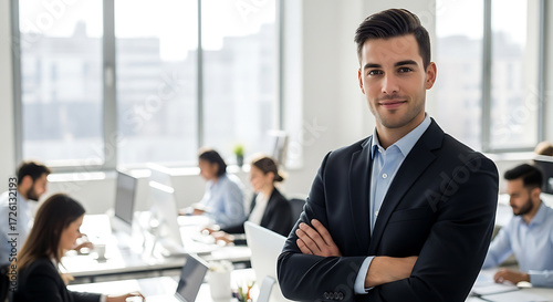 Confident Businessman with Team in Modern Office