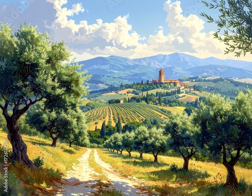 Italian countryside landscape painting with olive trees and hills