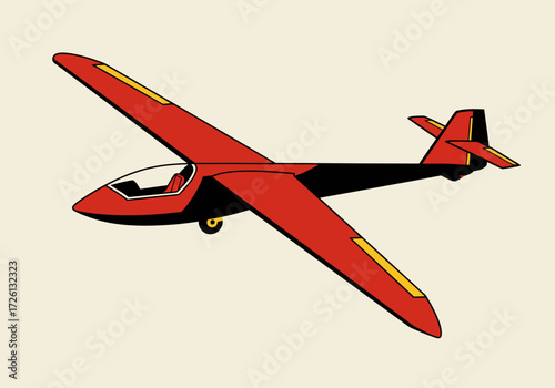 Red  black glider plane yellow trim isolated against a beige background