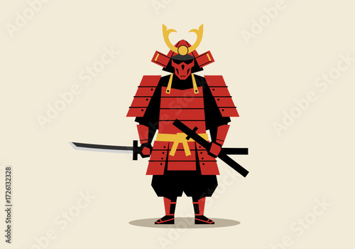 Red  black samurai in armor w 2 swords gold accents  helmet crest standing against a tan backdrop