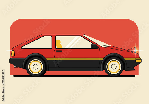Red car depicted with retro design highlighted by bright headlight