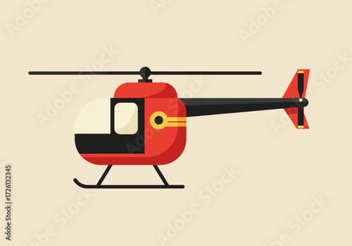 Red helicopter with black rotor and tail white cockpit and landing skids against a light beige background