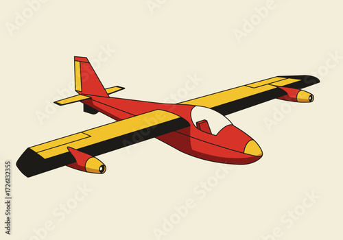 Red plane with yellow wings black wingtips and a clear dome sits on a beige background