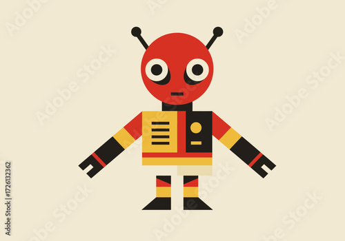 Red robot with black and yellow body simple shapes and two antennae