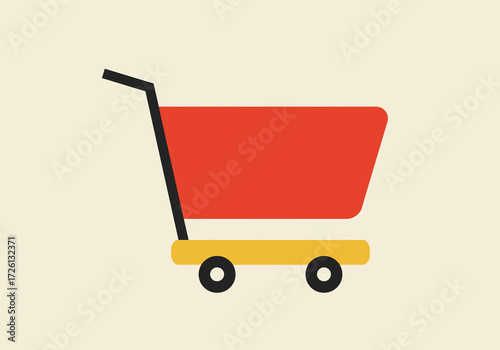 Red shopping cart with black handle and wheels resting on a yellow base set against a light cream background