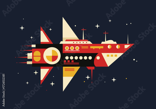 Retro spaceship with geometric shapes amid stars set against a navy backdrop