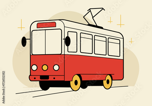 Red  white trolley bus on rails front view yellow wheels electrical connector on roof