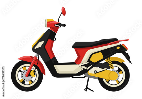 Redblack motor scooter with yellow accents parked against a white backdrop