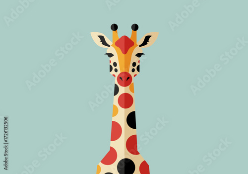 Stylized giraffe rendered in flat shapes and bold circles neck reaching upward against a light blue background