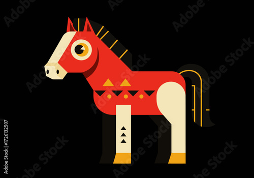Stylized geometric horse in red cream black and yellow with triangle details on a black background