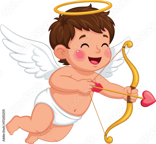 Cartoon Cupid character, cherubic angel with wings and halo, holding golden bow and heart arrow, Valentine’s Day love illustration for romance and holiday themes