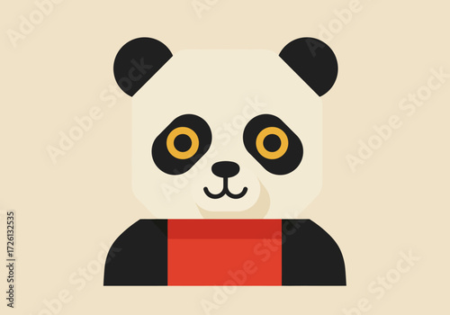 Stylized panda with black ears eye patches nose a red shirt on a beige background