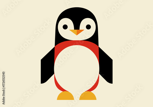 Stylized penguin image black head and wings red belly outline white body yellow beakfeet