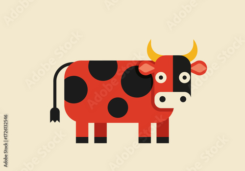 Stylized red cow with black spots and yellow horns on a beige background