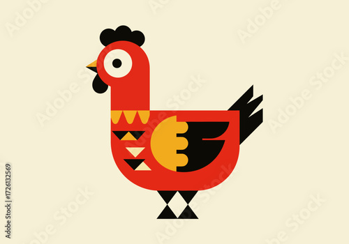 Stylized rooster with geometric shapes red body black comb and triangular legs against a light beige background