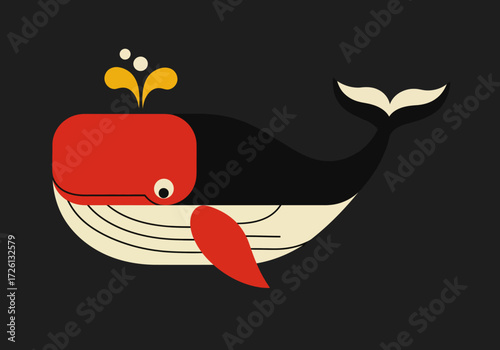Stylized whale Red head black body cream belly tail Blowhole eye and flipper visible Dark background