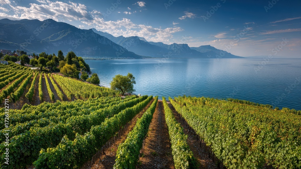 Fototapeta premium Expansive Vineyard Terraces Descend Towards a Serene, Sun-Dappled Lake with Majestic Mountains Beyond.