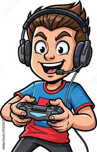 Cartoon gamer boy, excited child playing video game with headset and controller, online gaming character illustration for kids, esports and entertainment themes