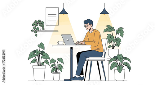 Flat Vector of Young Man Working on Laptop in Cozy Home Office, Remote Work, Freelance Job, Digital Workspace, Productivity, Focused Study, Modern Interior with Plants Illustration