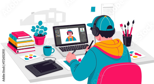 Flat Vector Illustrator Working on Digital Tablet, Graphic Designer Creating Artwork, Creative Process, Modern Workspace, Colorful Studio, Digital Art and Illustration Concept