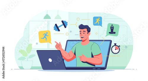 Flat Vector of Online Fitness Trainer Giving Virtual Workout Class, Home Exercise, Healthy Lifestyle, Personal Training, Digital Coaching, Sports, Wellness, Weight Loss, Gym Motivation Illustration