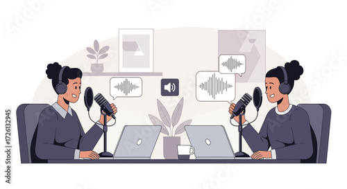 Flat Vector of Two Women Recording Podcast with Microphones and Laptops, Online Audio Show, Content Creation, Radio Talk, Streaming, Digital Media Production, Modern Studio Illustration