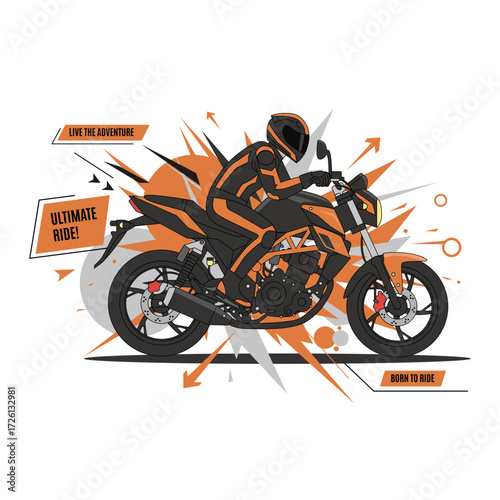 A dynamic and aggressive graphic of a motorcyclist wearing a helmet and a full suit, riding a sport motorcycle with an abstract explosion of shapes and lines in the background.