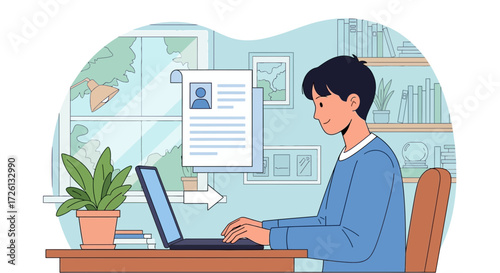 Flat Vector of Young Man Creating Resume and Applying for Job Online Using Laptop, CV Submission, Job Search, Career Opportunity, Recruitment, Digital Employment Application Illustration