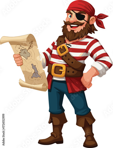 Cartoon pirate character, bearded sailor with red bandana and eye patch, holding treasure map, striped shirt, confident adventurer illustration for fantasy and adventure themes