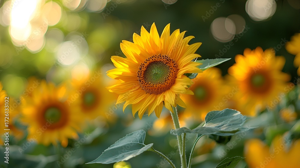 Fototapeta premium Vibrant sunflowers in a field at sunset. (2)