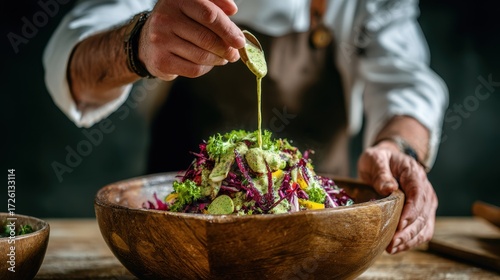 Chefs Hands Dressing Vibrant Salad - Rustic Wooden Bowl, Gourmet Detail.