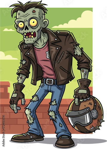 Cartoon zombie motorcyclist holding helmet, spooky undead biker character illustration, funny horror Halloween design, creepy monster post‑apocalyptic vector artwork