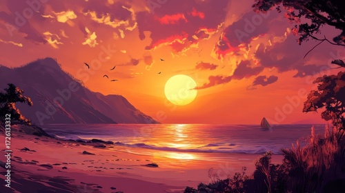 Serene Sunset at Tropical Beach: A digital painting of a breathtaking sunset over a tranquil ocean, with mountains in the background and a lone sailboat on the horizon.