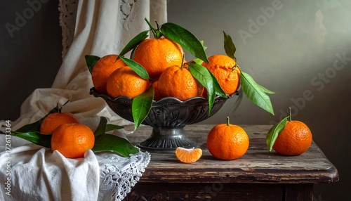 Still life of mandarins in a vintage bowl