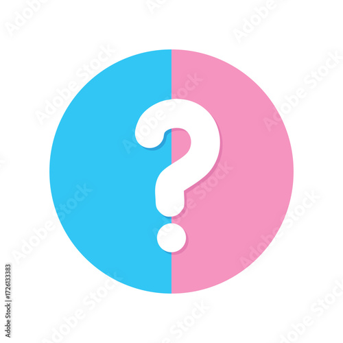 gender reveal circle button with question mark, boy or girl icon, pink and blue vector Illustration