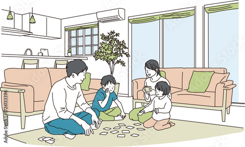 明るいリビングでカードゲームをしている家族団らんのイラスト素材