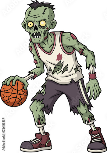 Cartoon zombie basketball player dribbling ball, funny horror sports illustration, creepy undead character in jersey, Halloween theme, scary monster vector design