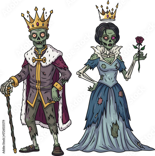 Cartoon zombie king and queen in royal crowns, spooky undead couple illustration, creepy Halloween royalty characters, funny horror fantasy vector design