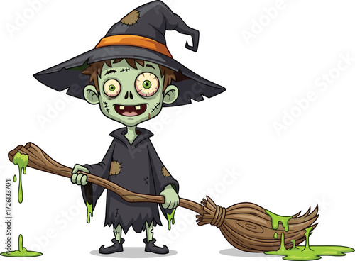 Cartoon zombie witch holding slimy broomstick, spooky Halloween character illustration, creepy undead sorceress in hat, funny horror design, scary monster vector