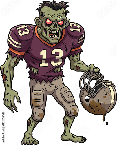 Cartoon zombie football player, green‑skinned monster athlete with torn jersey and helmet, creepy Halloween sports character illustration for horror, spooky, and holiday themes