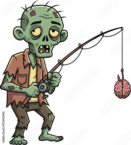 Zombie fisherman cartoon, undead fishing character, horror humor illustration, scary funny vector art, brain bait on hook, cad drawing flat vector illustration