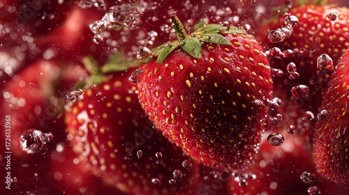 Fresh Red Strawberries Splashing in Clear Water with Bubbles and Reflection