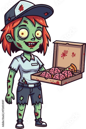 Zombie pizza delivery character, cartoon vector illustration, horror humor artwork, creepy food concept, brain pizza box, scary funny mascot design