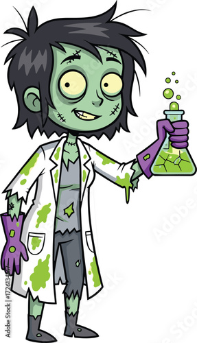 Zombie scientist character, cartoon vector illustration, mad science artwork, creepy laboratory concept, horror humor design, spooky experiment, scary funny monster illustration