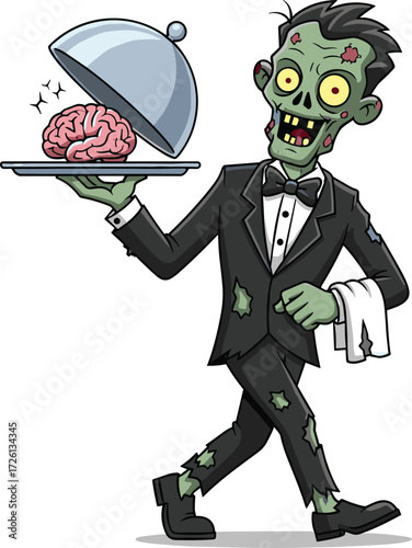 Zombie waiter, scary waiter, horror zombie, creepy server, undead butler, spooky steward, evil waiter, Halloween zombie, cad drawing flat vector illustration