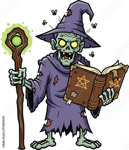 Zombie wizard cartoon, undead sorcerer illustration, horror fantasy character, scary funny vector art, magic staff spellbook, cad drawing flat vector illustration