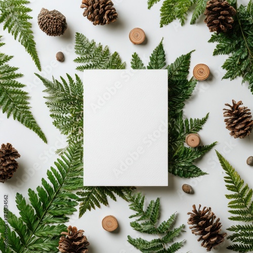 Elegant Botanical Mockup with Blank Paper on a Bed of Fresh Ferns, Pinecones, and Woodland Elements.