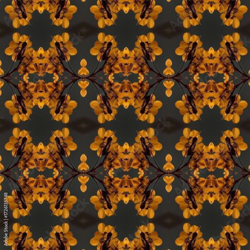 Kaleidoscope floral pattern in golden hues, keywords: abstract, floral, pattern, decorative, background, great for textiles or wallpapers.