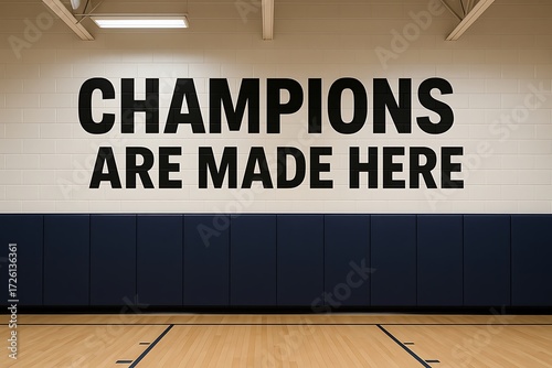 Inspirational quote champions are made here painted on a gymnasium wall above padded bleachers